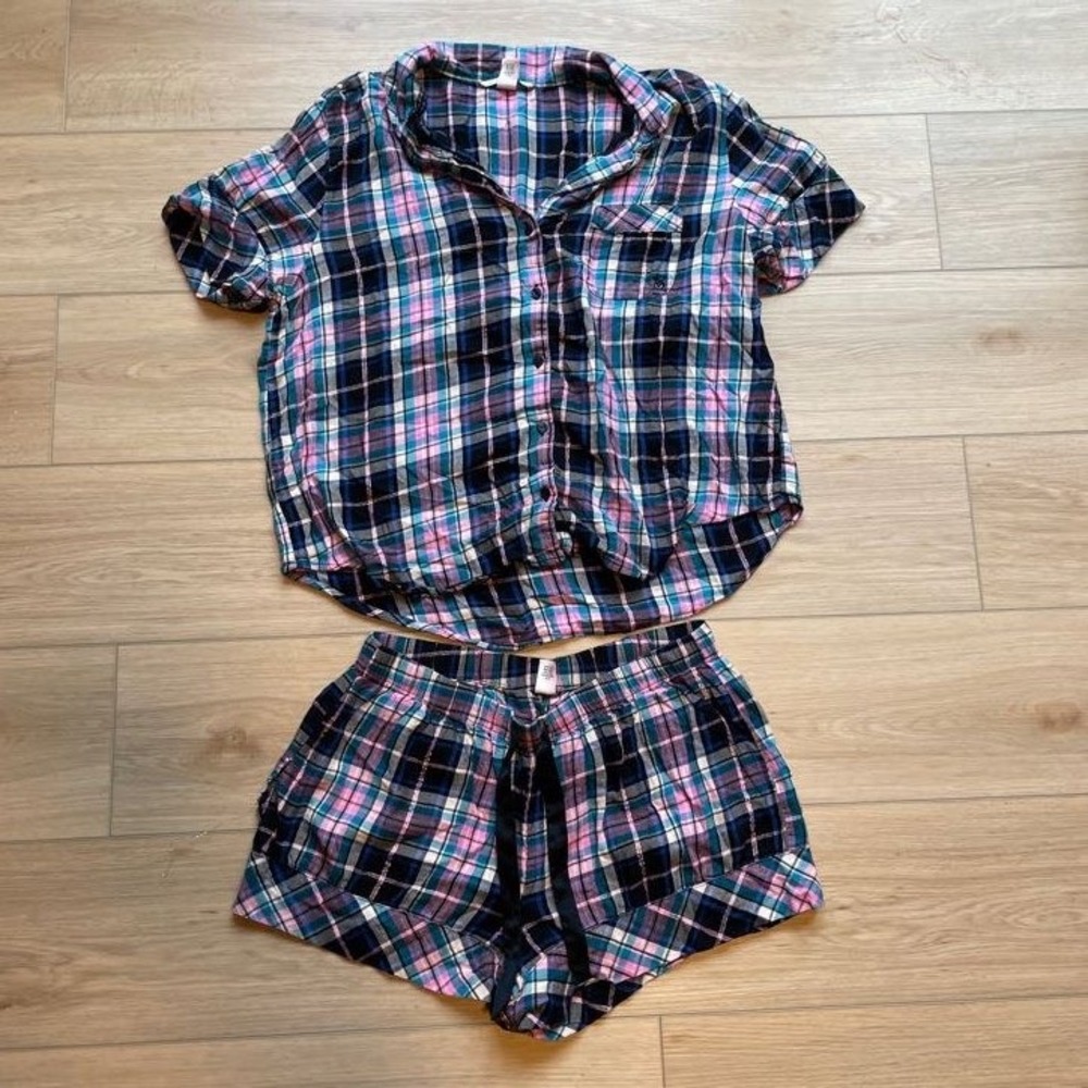 Victorias Secret Pajama Set Medium Pink Blue Plaid Short Sleeve Shorts 2pc M